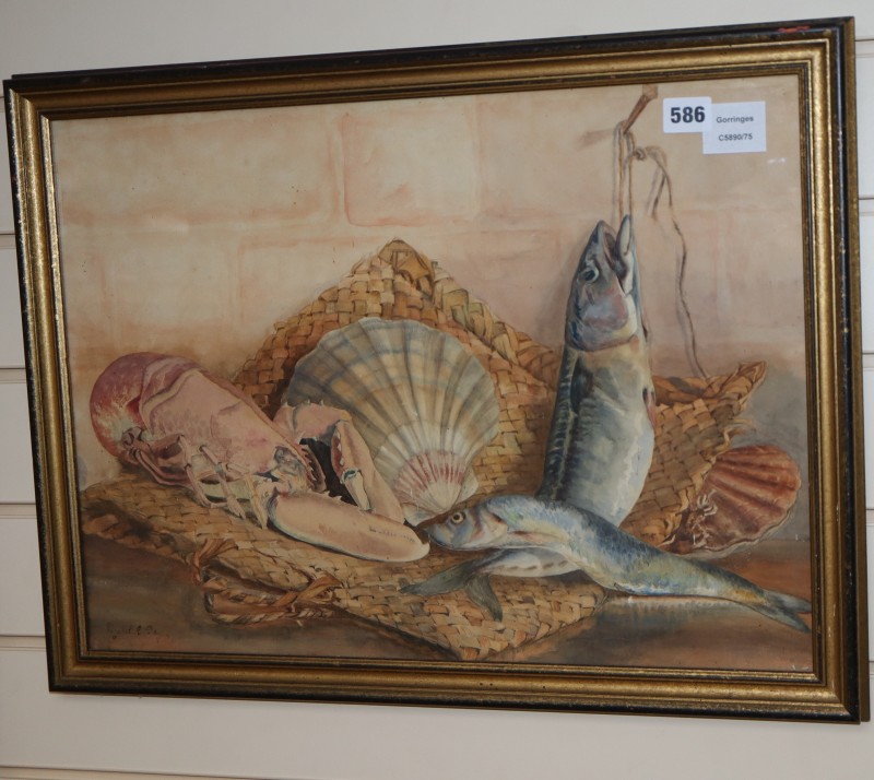 Mabel E. Day, watercolour, Still life of fish and crustaceans, signed, 38 x 52cm